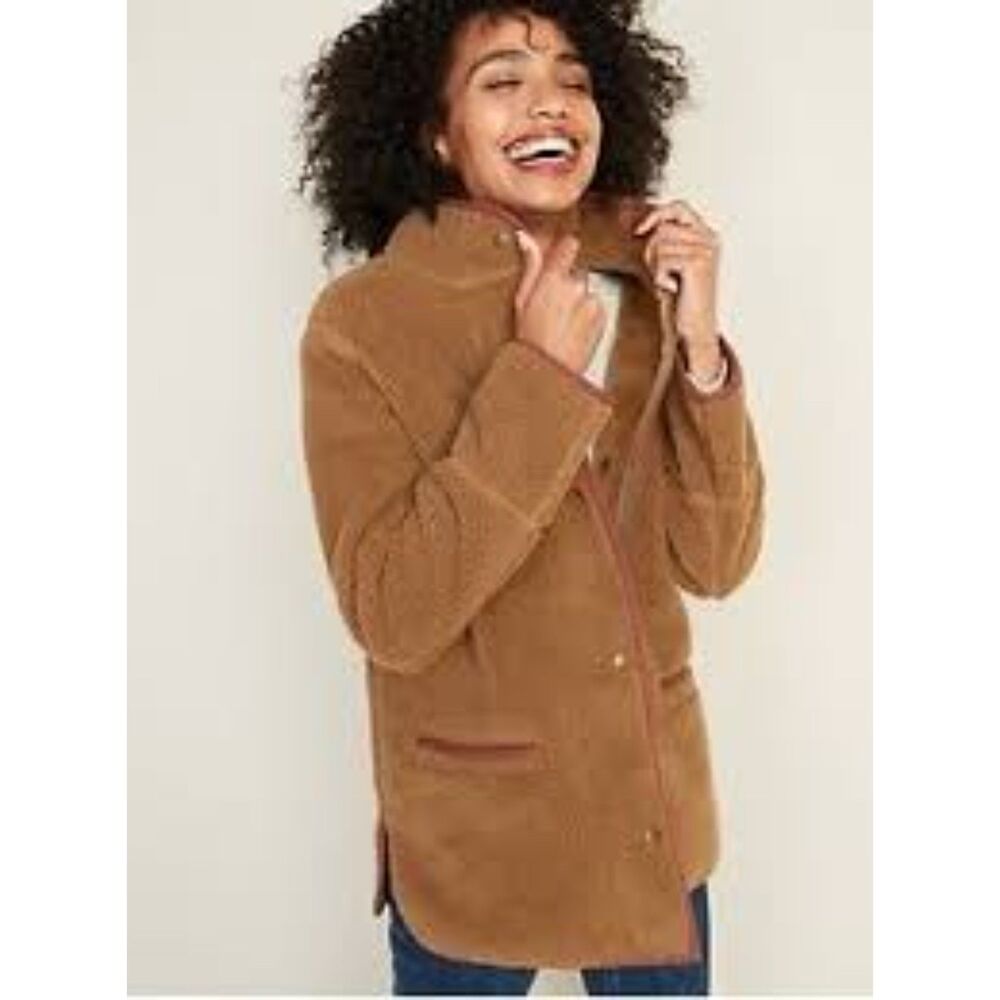Old Navy long line size small brown sherpa jacket zipper and snap